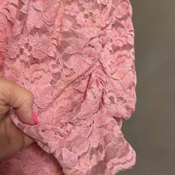 Lace stretch top / blouse mock neckline overlay with attached tank S/S pink sz S - Picture 7 of 15